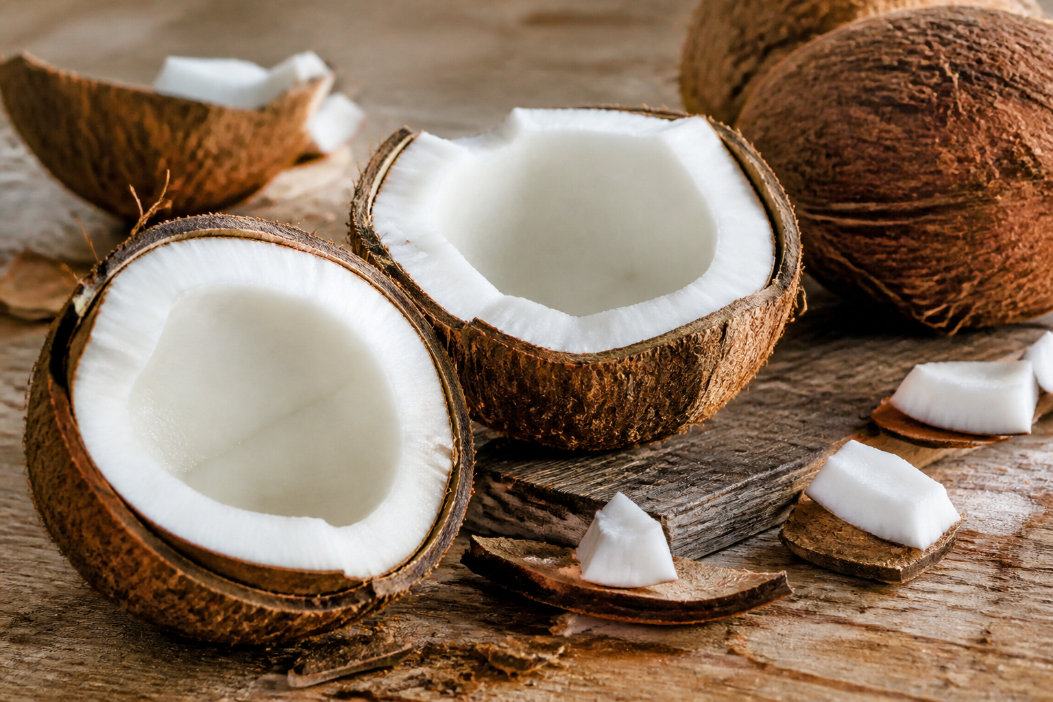 Opened coconut halves showing white kernel