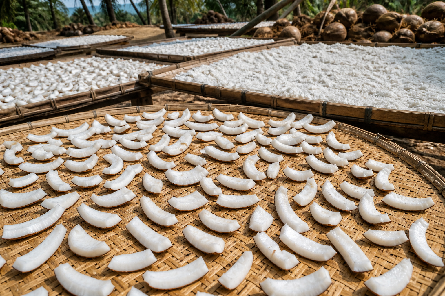Coconut kernel drying on farm trays