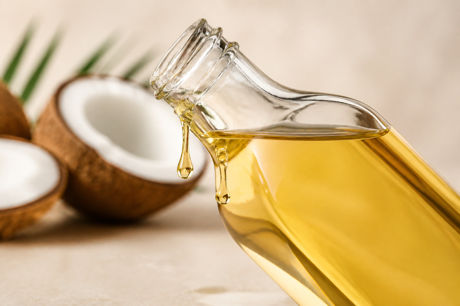 Tilted coconut oil bottle with golden oil drops